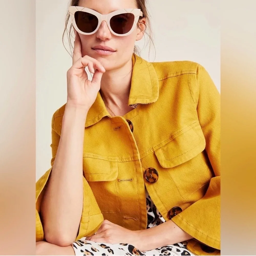 Anthropologie Nora Flounce-Sleeved Trucker Jacket in Mustard - Picture 2 of 9